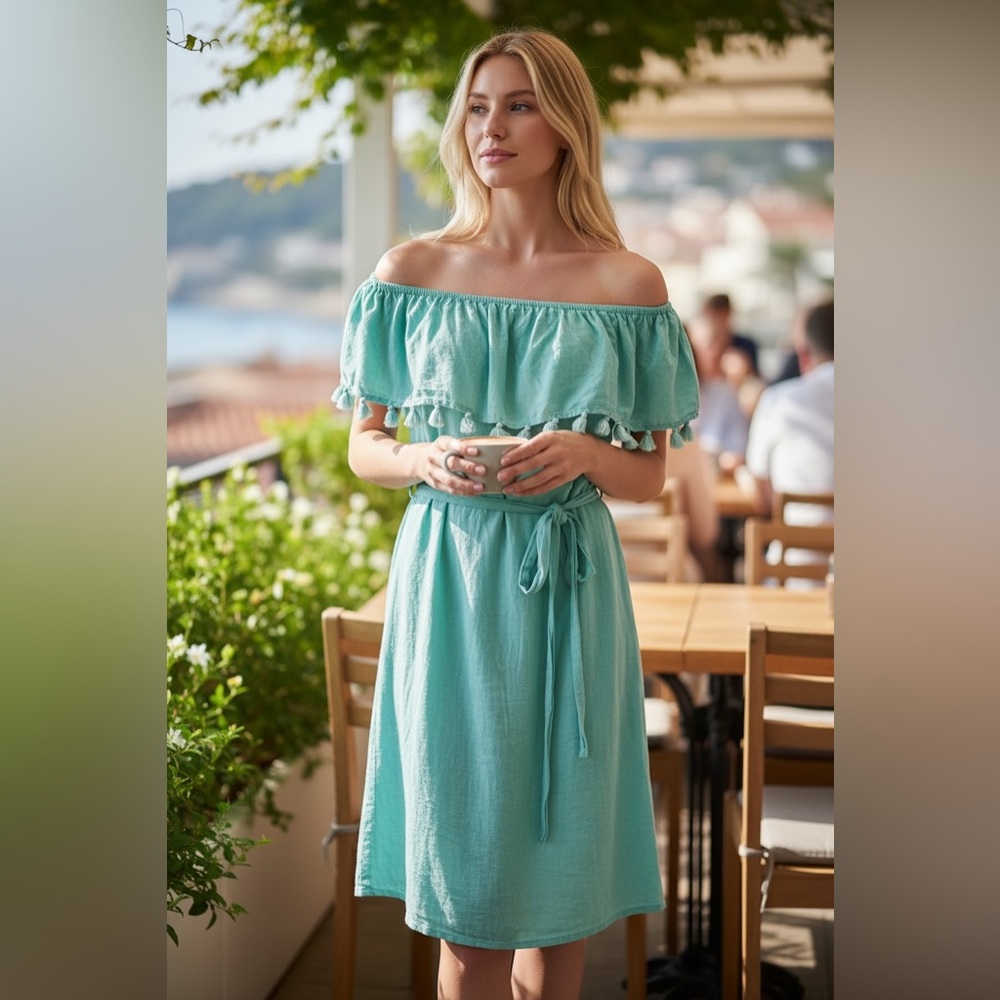 Charlie Paige Teal Boho Off Shoulder Tassel Midi Dress